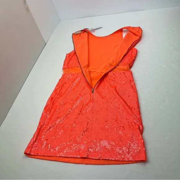 Alice + Olivia Cara Sleeveless Coral Orange Sequin Mini Dress SZ 14 Back  Zip NEW